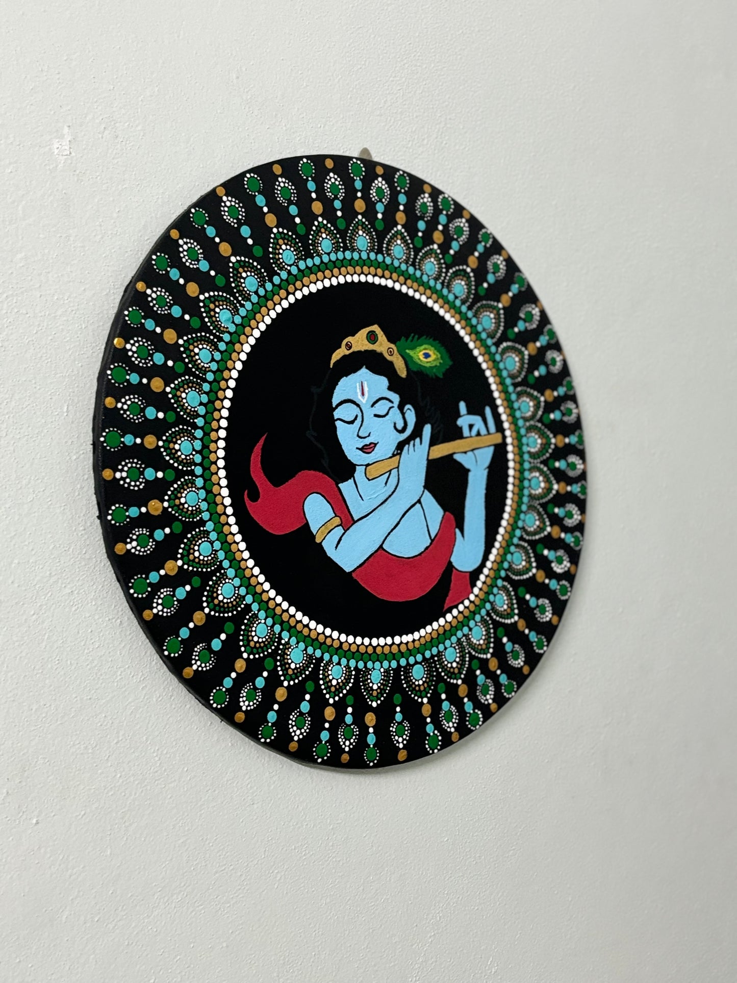 Krishna Dot Mandala Art – 14 Inch | Handcrafted Spiritual Wall Décor