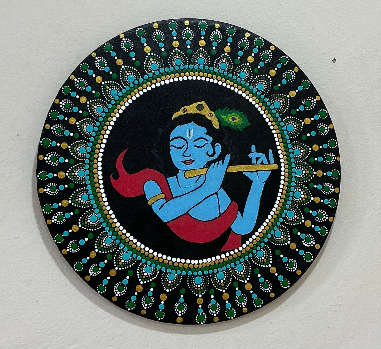 Krishna Dot Mandala Art – 14 Inch | Handcrafted Spiritual Wall Décor