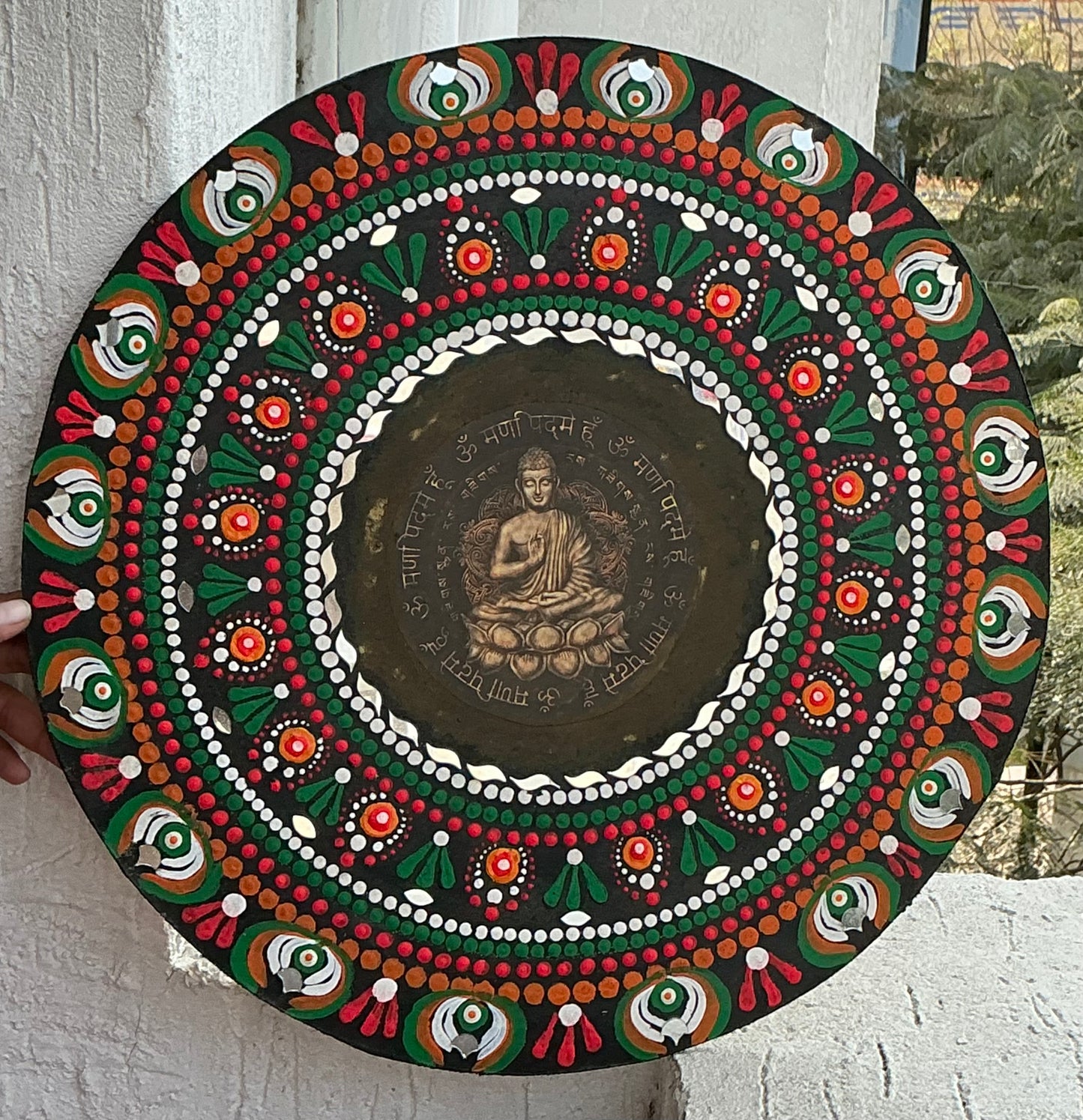 Buddha Decoupage & Dot Mandala Art – 14 Inch | Mirror-Embellished Spiritual Wall Decor