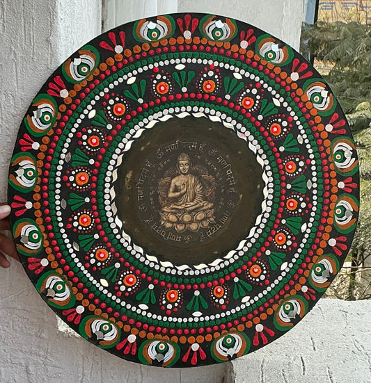 Buddha Decoupage & Dot Mandala Art – 14 Inch | Mirror-Embellished Spiritual Wall Decor